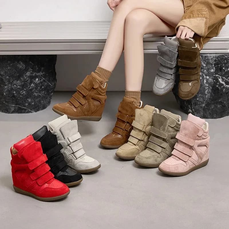 Women Ankle Boots Genuine Leather 8CM Hidden Heel Shoes Woman Platform Height-increasing Casual Sneakers Boots for Women