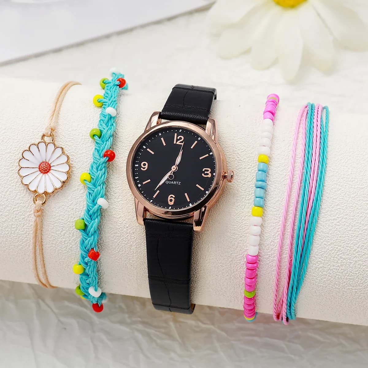 Set of 5 Colorful Bracelets for Women's Quartz Watch with Lightweight and Simple Luxury Round Dial, For Christmas And Thanks
