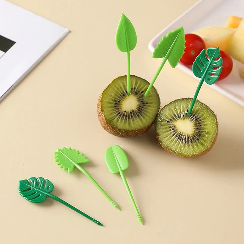 10 pz Bambini Plettri di Frutta Ago Bastone Stuzzicadenti Mini Creativo Forma di Foglia Torta di Frutta Dessert Forchette Per Alimenti Lunch Box Accessori