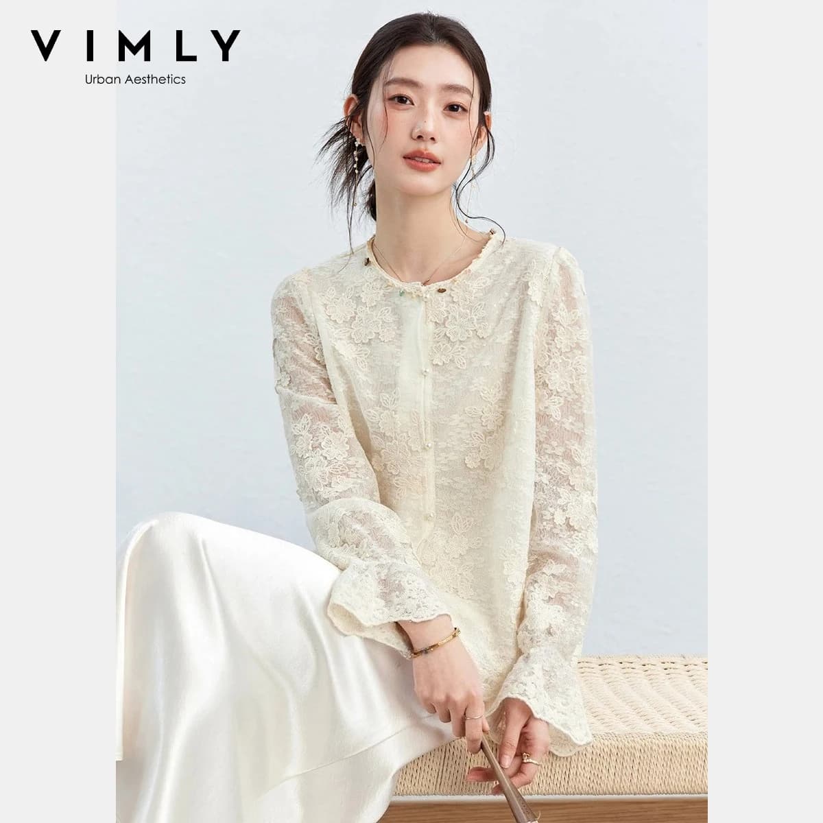 VIMLY Camicetta in Pizzo Albicocca da Donna, Nuova Collezione Primavera 2026, Top con Ricamo Floreale e Orlo a Festoni, Stile Francese Elegante e Casual A5236