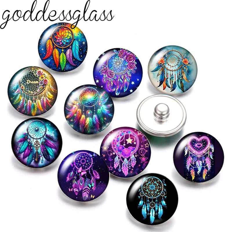 New Colorful Dream catcher Feather 12mm/18mm/20mm/25mm Round photo glass cabochon flat back Making findings DIY snap buttons