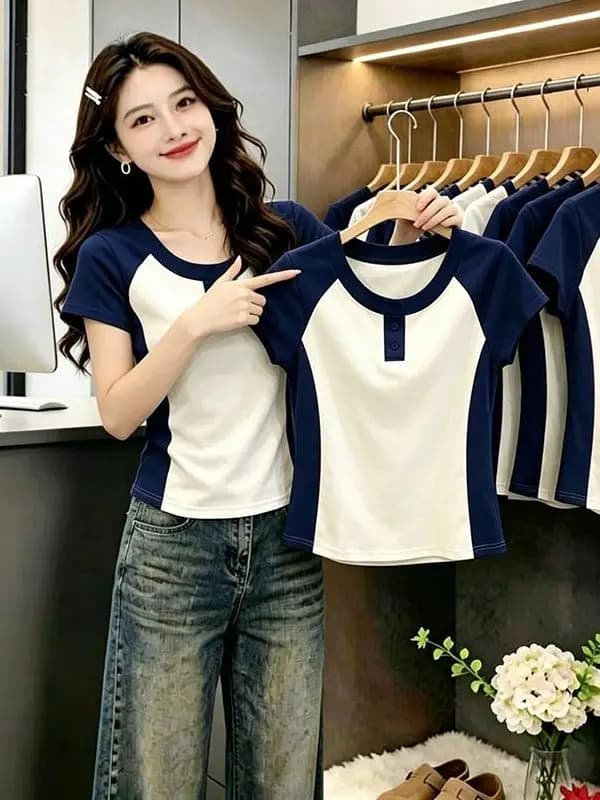 T-shirt slim fit a maniche corte con scollo rotondo, color block, stile casual, nuova moda estiva, top da donna con design a scollo rotondo, prodotto in Cina.