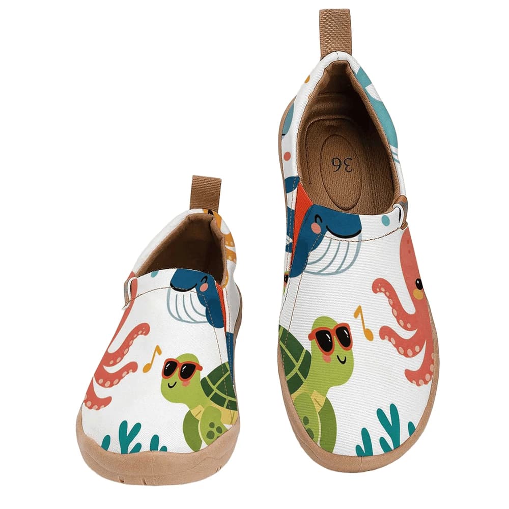 Women's Wide Toe Box Fun Cartoon Sea Animal Print Slip‑On Shoes, Soft Sole Breathable Canvas Casual Walking Flats