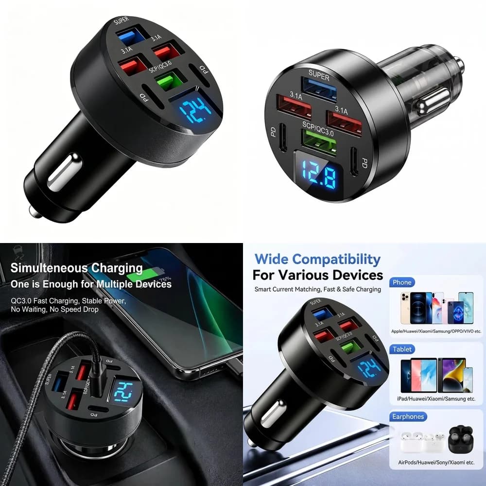 6 in 1 Car Charger Multi Port 100W LED Digital Voltage Display QC3.0 PD Fast Charge USB Adapter for iPhone Samsung Huawei