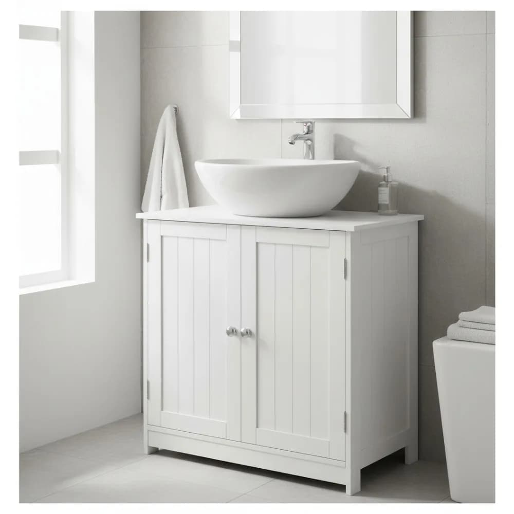 Mobiletto da bagno sotto il lavandino con 2 ante e ripiano regolabile, design a forma di U per piccoli spazi, bianco