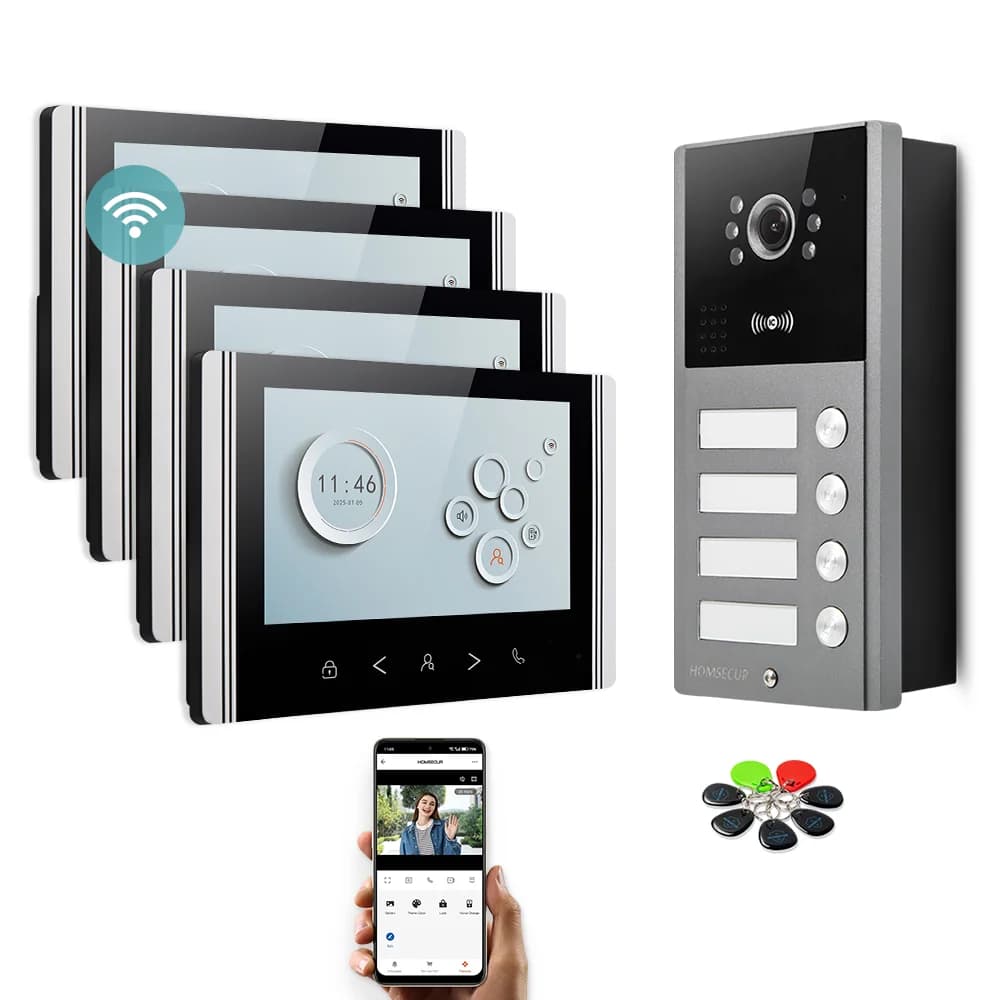 HOMSECUR Tuya App 7 "WIFI Videocitofono Chiamata Campanello Citofono Sblocco con un pulsante per 4 famiglie