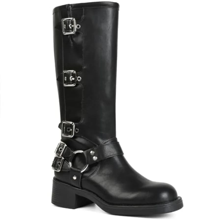 AMINUGAL Knee High Boots Women Square Toe Pull On Wide Calf Riding Fashion Buckles Chunky Metallic Casual Vintage Buckle Rivet
