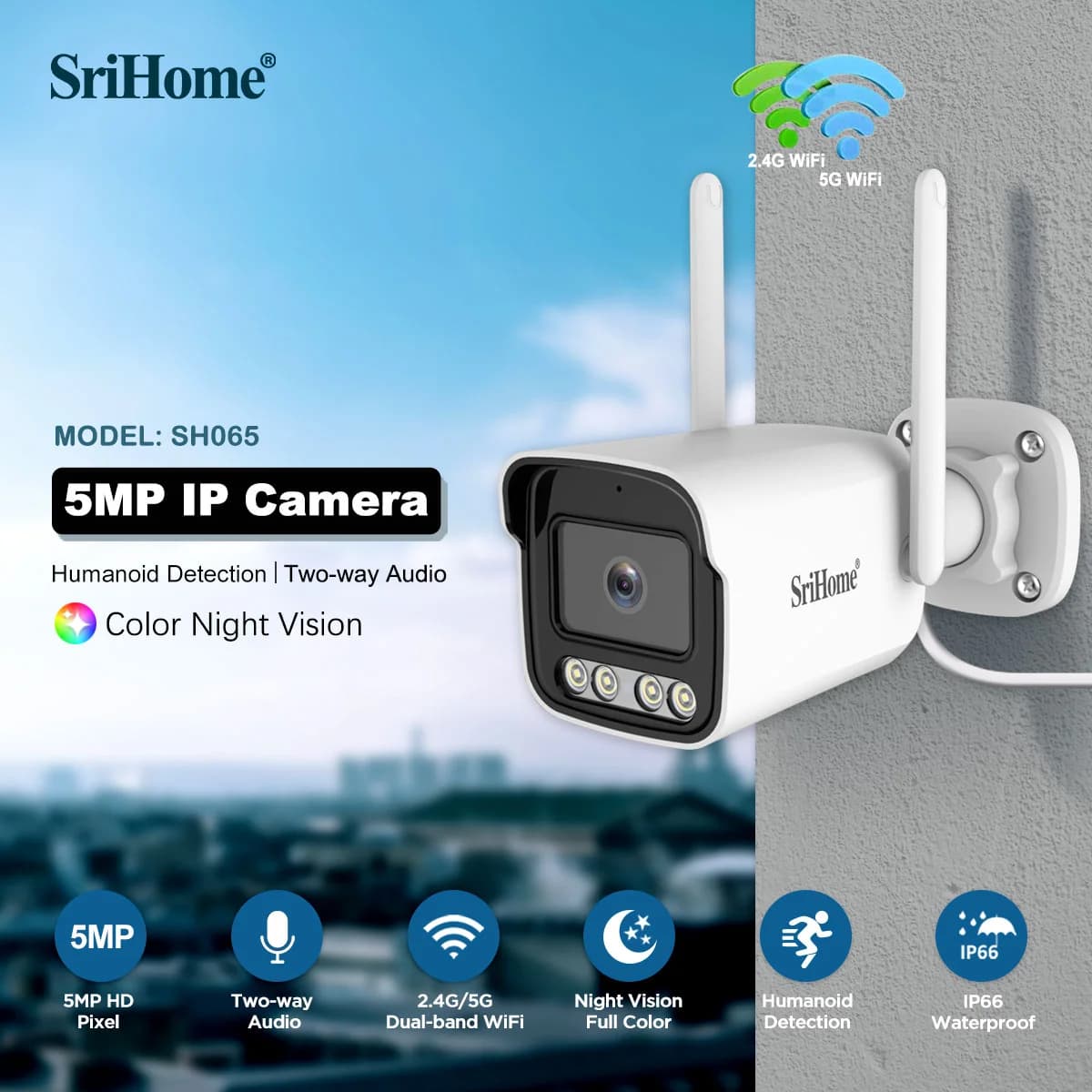 SriHome New Version SH034 5MP Mini 5G Wifi IP Camera Waterproof Video Security Surveillance Night Vision CCTV Cam