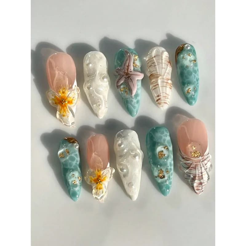 Set di 10 chiodi fatti a mano a forma di mandorla realizzati a mano con decorazioni floreali estive oceano 3D, con stelle marine, perle, conchiglie,