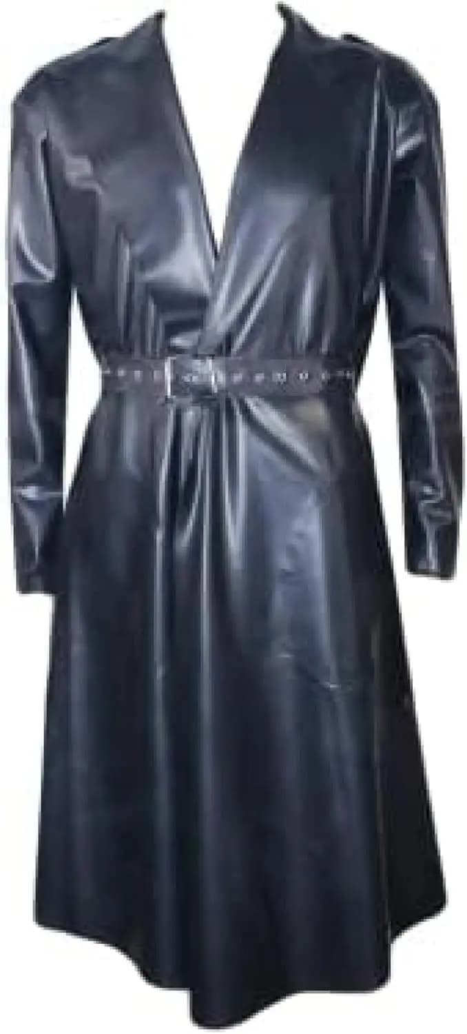 Black Sexy Latex Trench Coats with Belts Pockets Rubber Jacket