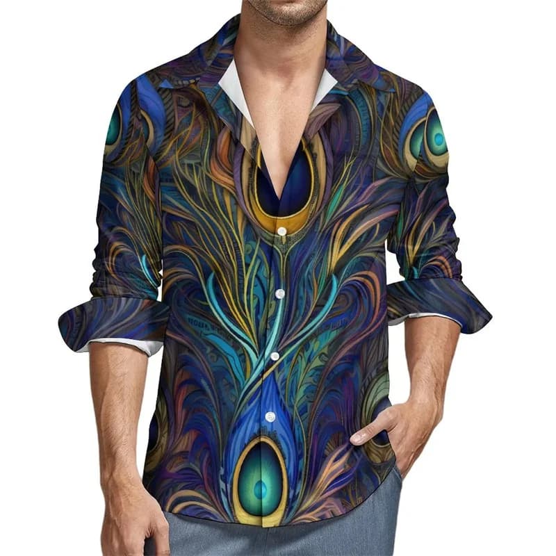 Peacoks camicie hawaiane con motivo a piume per uomo camicetta stampata in 3D animale primavera autunno camicie allentate Casual Aloha maniche lunghe