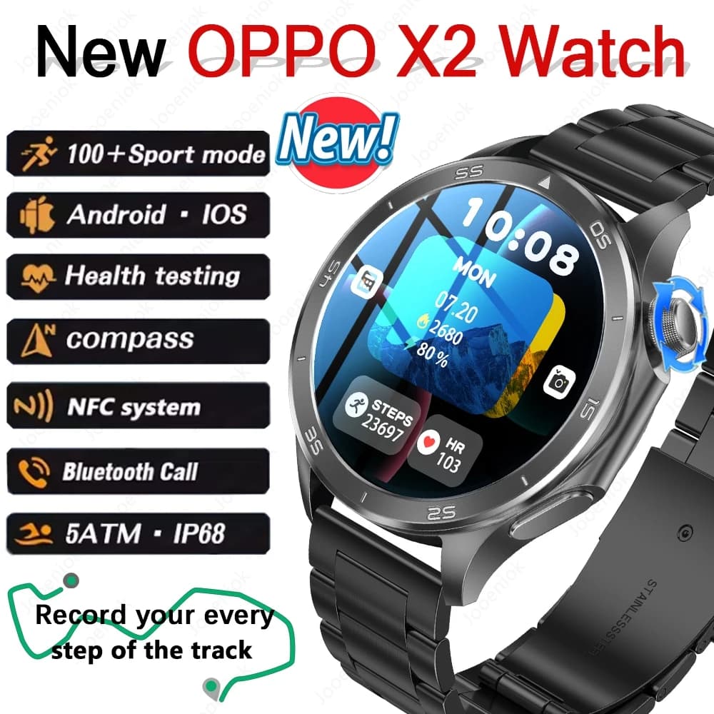 OPPO Nuovo X2 Chiamata Bluetooth Smart Watch AMOLED Schermo HD GPS Sport all'aria aperta Fitness Orologio Monitoraggio della salute Smartwatch Android