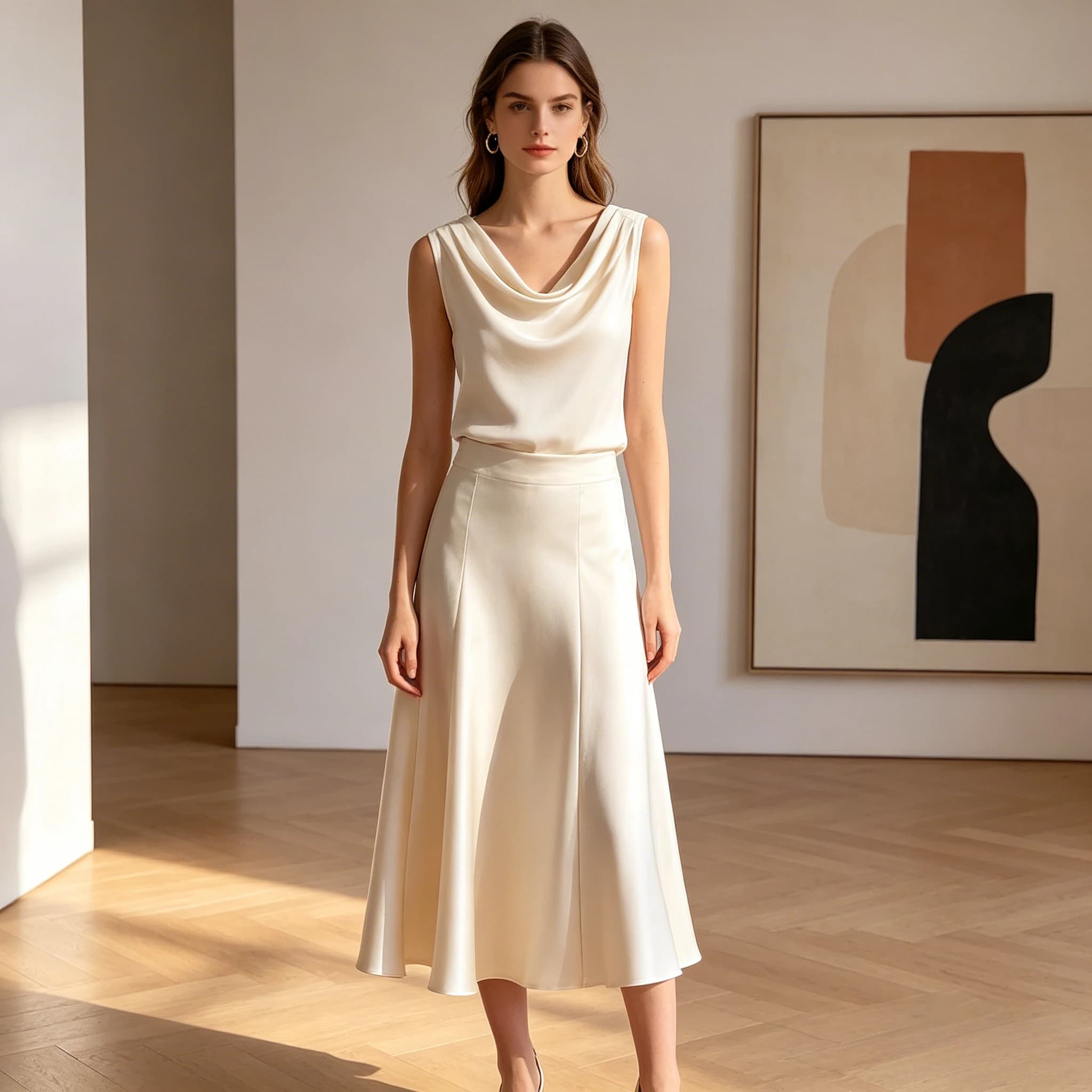 Women Satin Two Piece Set Cowl Neck SleevelessTop and Long Skirt Matching Set Satin Blouse and Midi Skirt Outfit for Women skirt