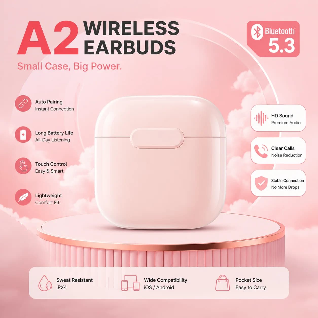 Wireless Earbuds Bluetooth 5.3 TWS Headphones Stereo Bass Earphones Touch Control Noise Cancelling Earbuds for iPhone Android