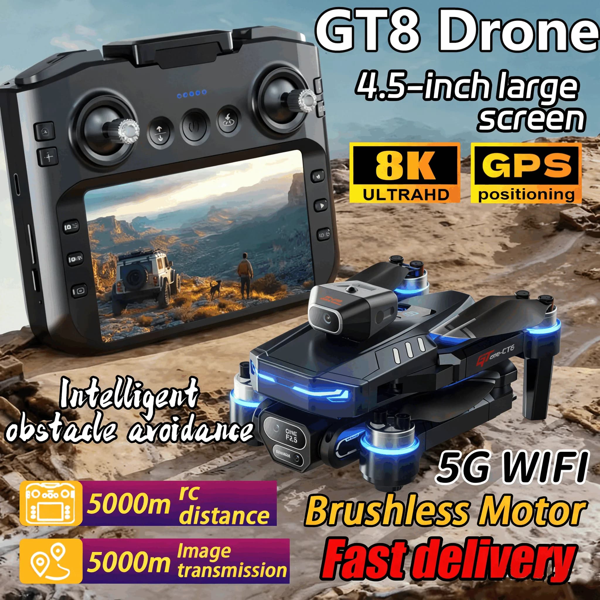 Drone GT8 con Evitamento Ostacoli, Schermo da 4,3 Pollici, Motore Brushless, 2.4G, Flusso Ottico, Doppia Fotocamera HD 8K, Quadricottero FPV Pieghevole