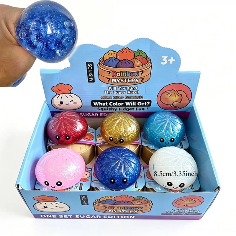Glitter Dumpling Squishy with Box Dumplings Sensory Steamer Soft TPR Dough Ball for Decompression Toy Stress Relief Gift