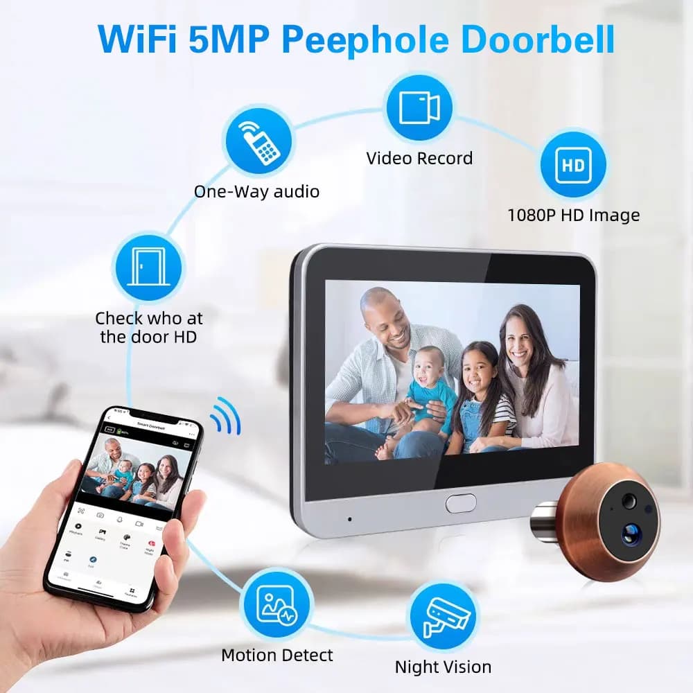 Telecamera Spioncino WiFi Tuya SmartLife Mini da 4,3 Pollici con Schermo, 5MP, 5000mAh, Allarme PIR, Compatibile Alexa per Sicurezza Domestica