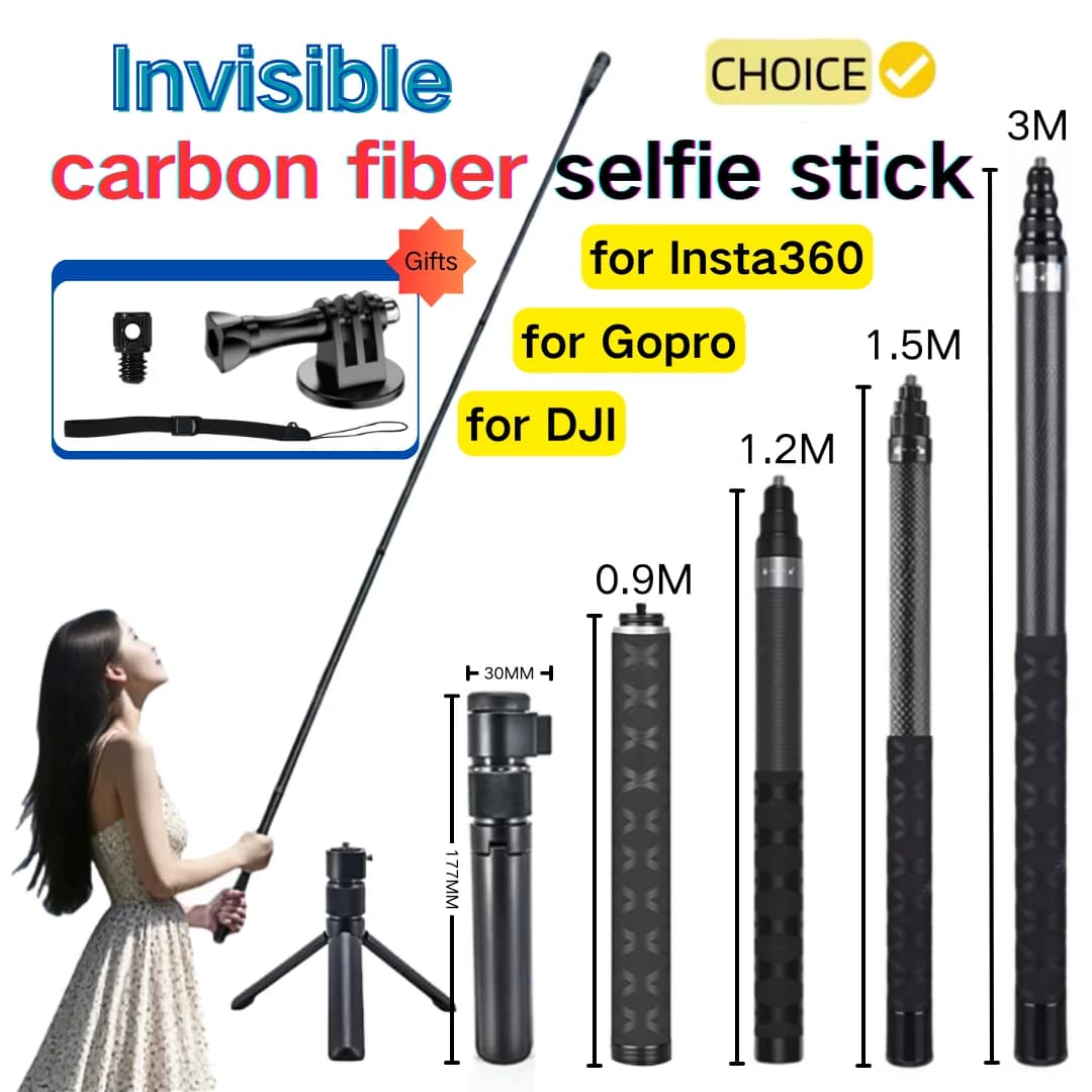 Bastone Selfie Invisibile in Fibra di Carbonio 3M/1.2M per DJI Osmo 360/Nano/Action 6 5 4 3/Insta360 X3/X5/X4/X4 Air - Kit Accessori
