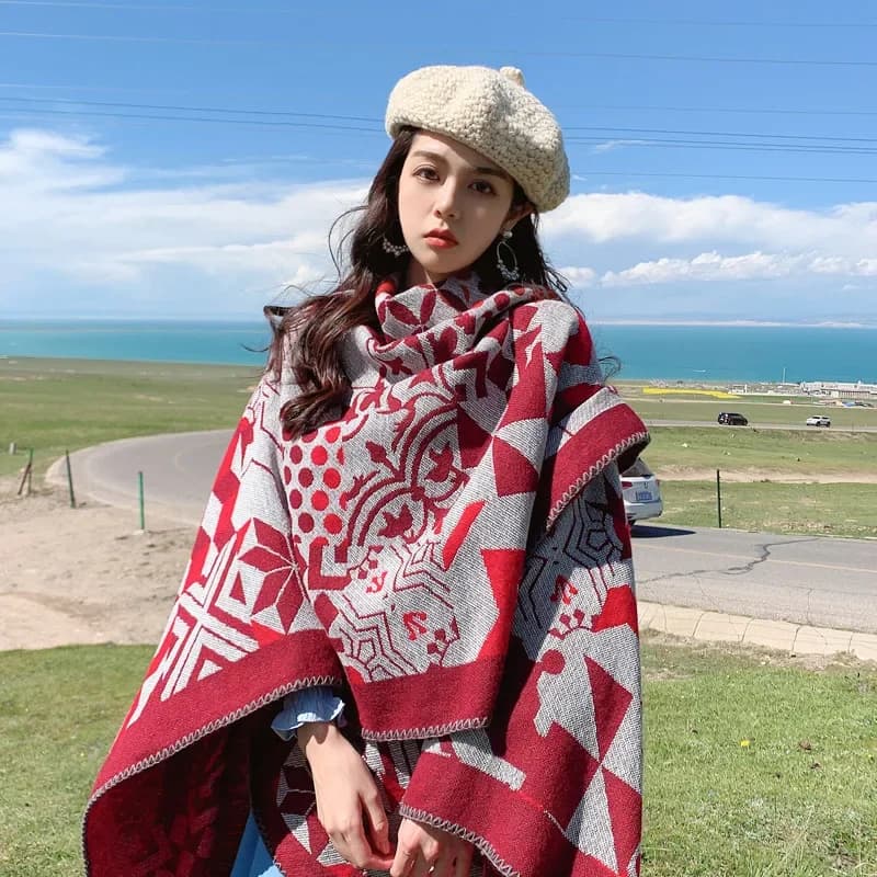 Poncho Cape Autumn and Winter Scarves Women's Travel Slips Cashmere Imitation Mantle divided into European and American Ethnic style P1