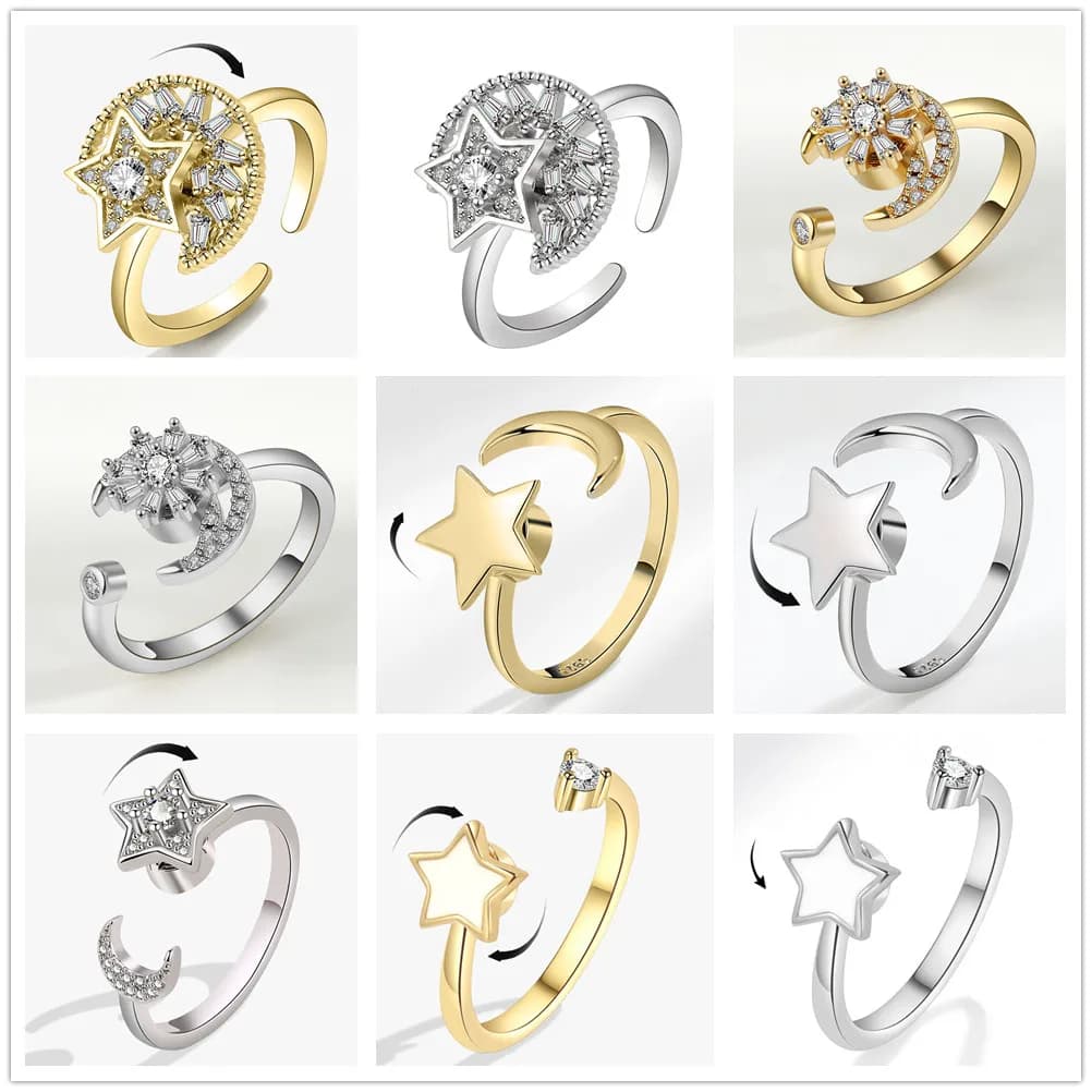 Anello rotante in cristallo con stella lunare per ragazze Anello di lusso antistress Fidget Spinner Anello per alleviare l'ansia Gioielli di moda Anillo