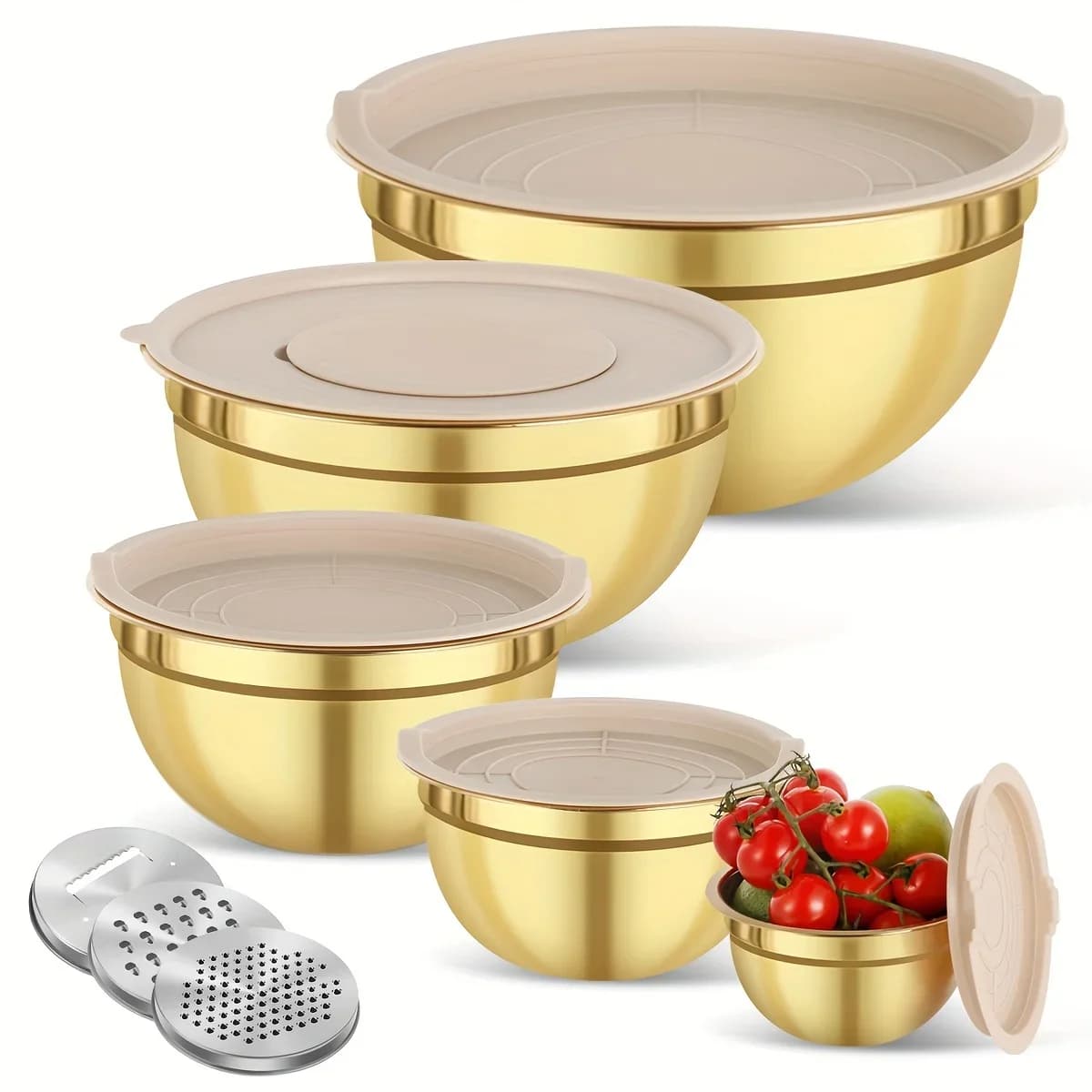 Set bowls for mixing in 10 pieces gold stainless steel with lid and sharpener - perfect for baking, cooking, salads | cleaning dishwasher