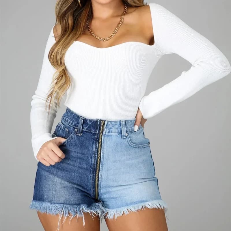2025 Nuovi pantaloncini di jeans casual color Yin-yang lavati primaverili ed estivi. Jeans corti a vita alta con cerniera da strada alla moda da donna