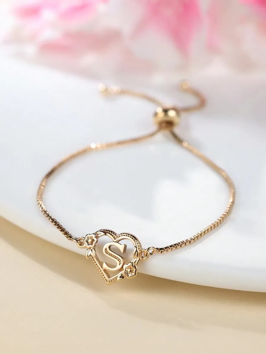 1 Pc Heart Initial Letter Flower Bracelet Personalized 26 Letter A-Z Adjustable Golden Chain Bracelet For Women Teen Girls