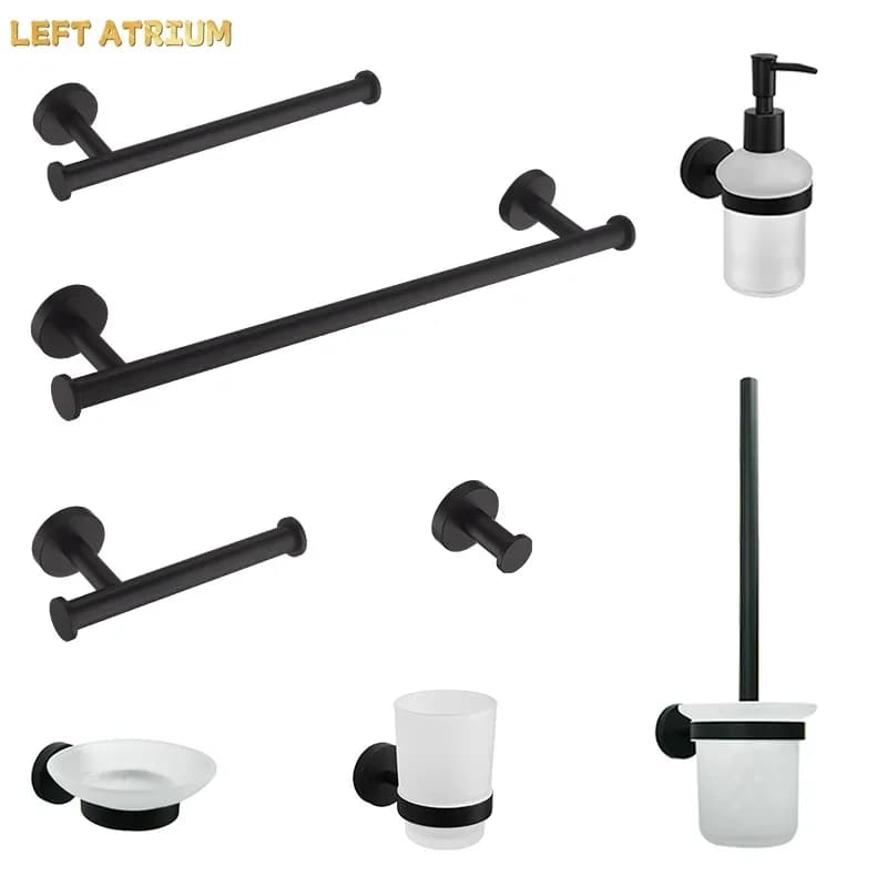 Matt Black Stainless Steel Multifunctional Towel Bar Toilet Paper Holder Towel Bar Hook Toilet Brush Bathroom Accessories