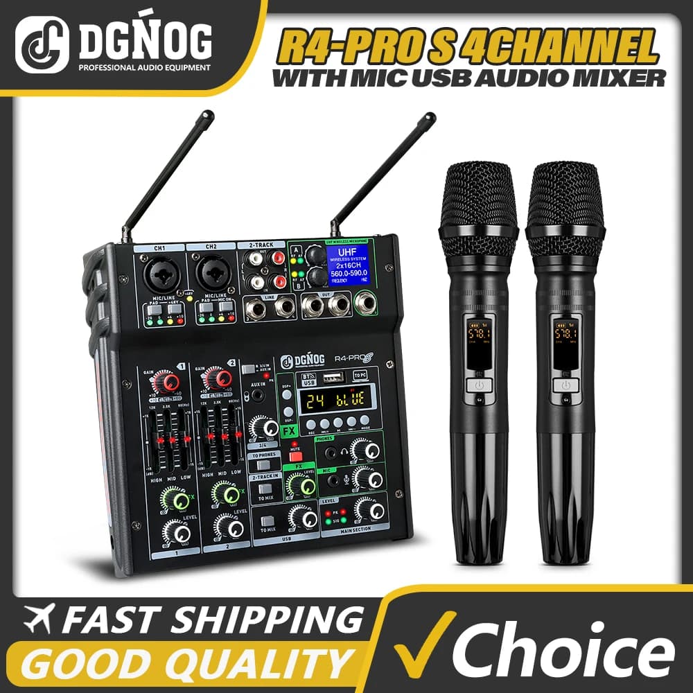 Mixer audio karaoke a 4 canali con doppio microfono wireless UHF Mixer DJ Bluetooth USB per registrazione in studio per computer da festa DGNOG