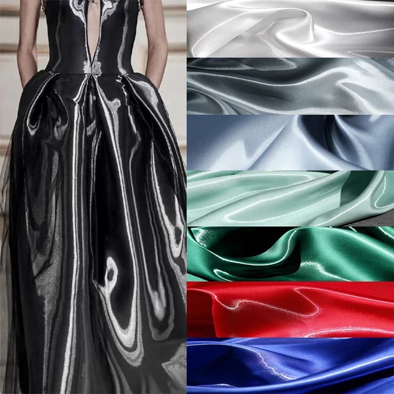 Tessuto Satinato Liquido Multicolore Riflettente, Materiale Rigido Luccicante per Abiti da Sposa e Abbigliamento di Design