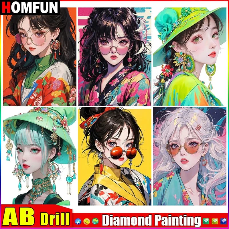 HOMFUN AB Diamond Embroidery "Portrait Girl" Pattern DIY 5D Diamond Painting Needlework Cross Stitch Full Drill Painting