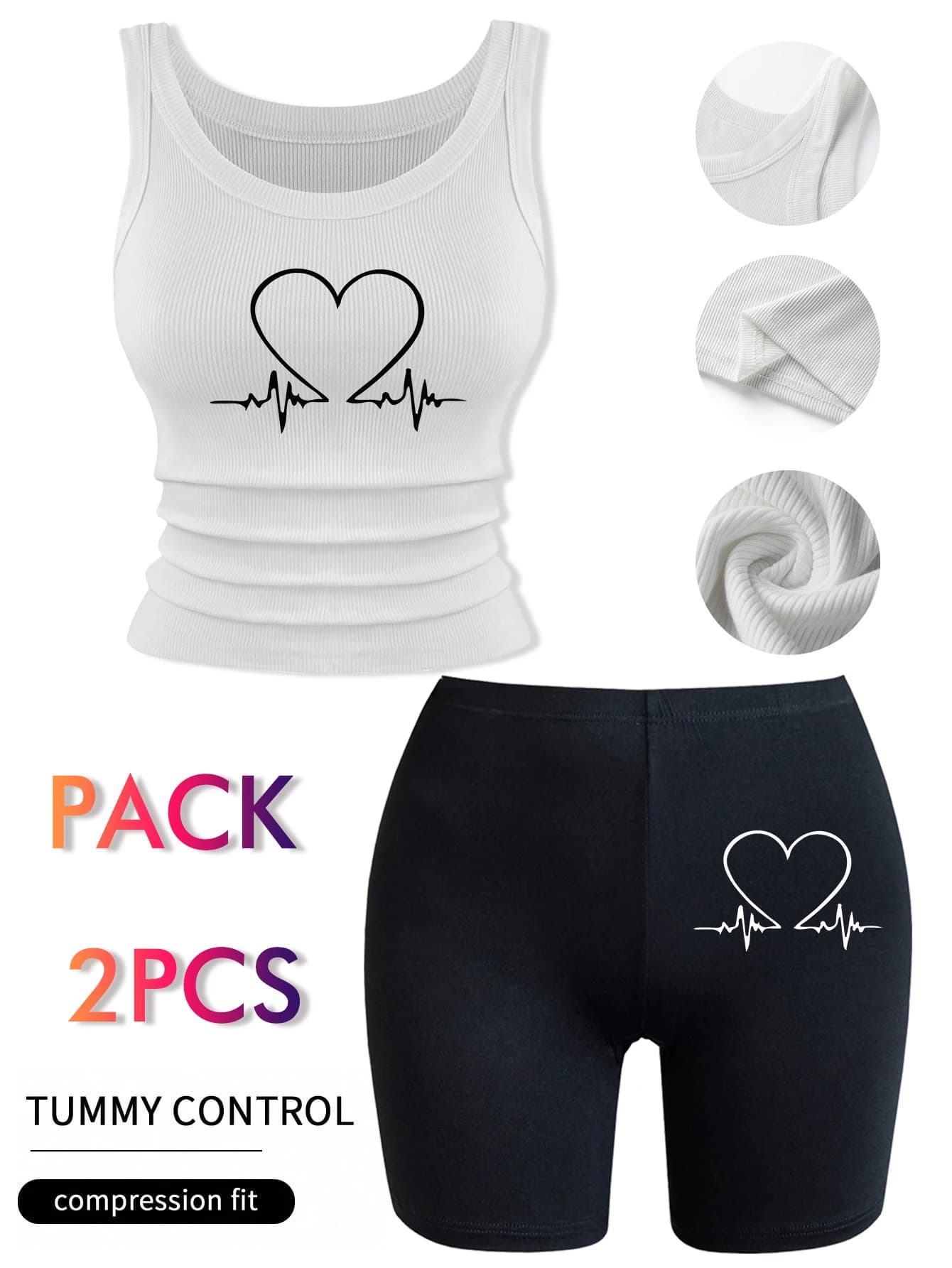 Set Canotta con Stampa Elettrocardiogramma a Cuore Semplice, Top Estivo in Cotone da Donna, Pantaloncini Modellanti e Leggings Elasticizzati