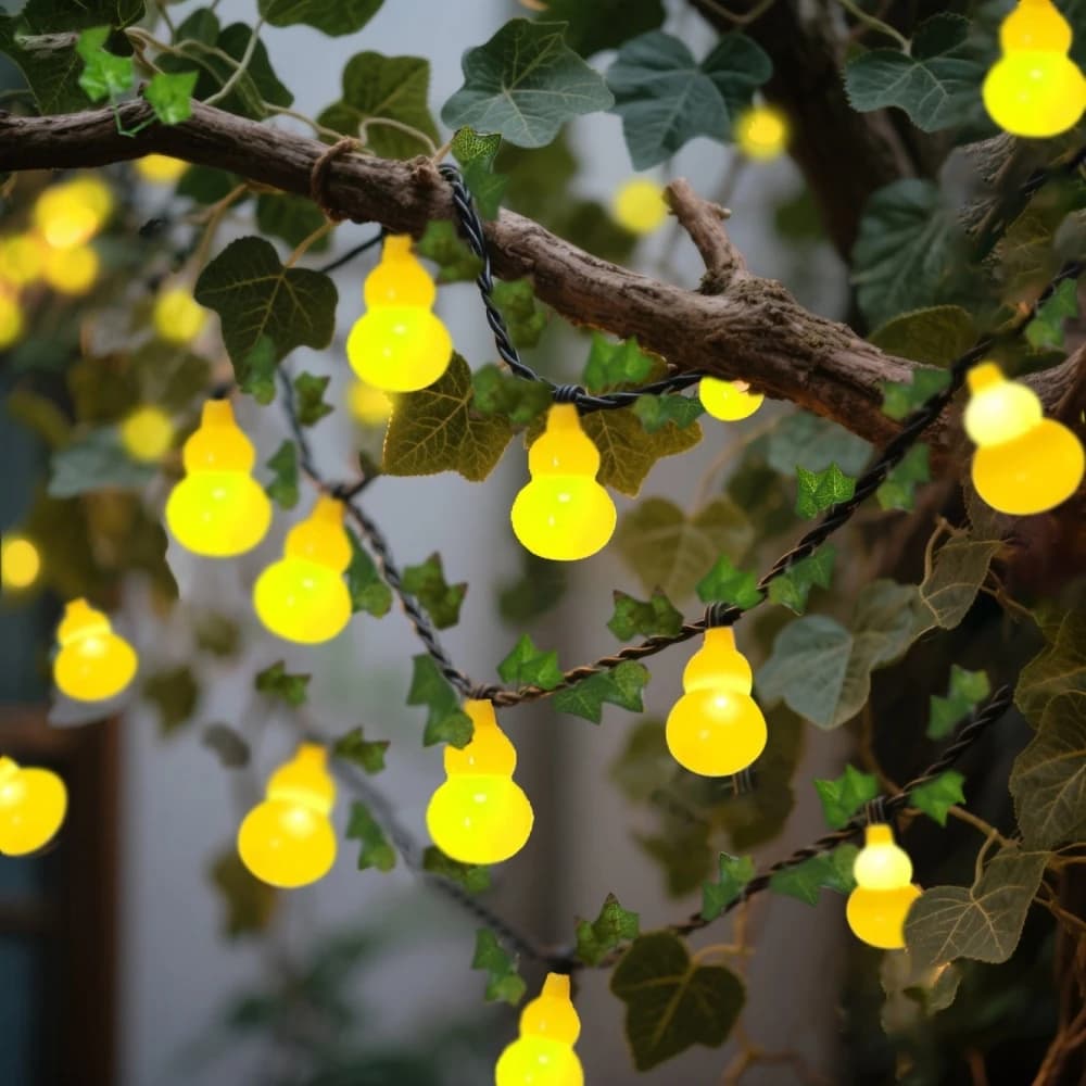 1 Pezzo 5M10LED/8M20LED Luci Solari a LED per Esterni a Forma di Zucca Gialla con Foglie di Edera per Giardino, Patio, Feste e Decorazioni Domestiche