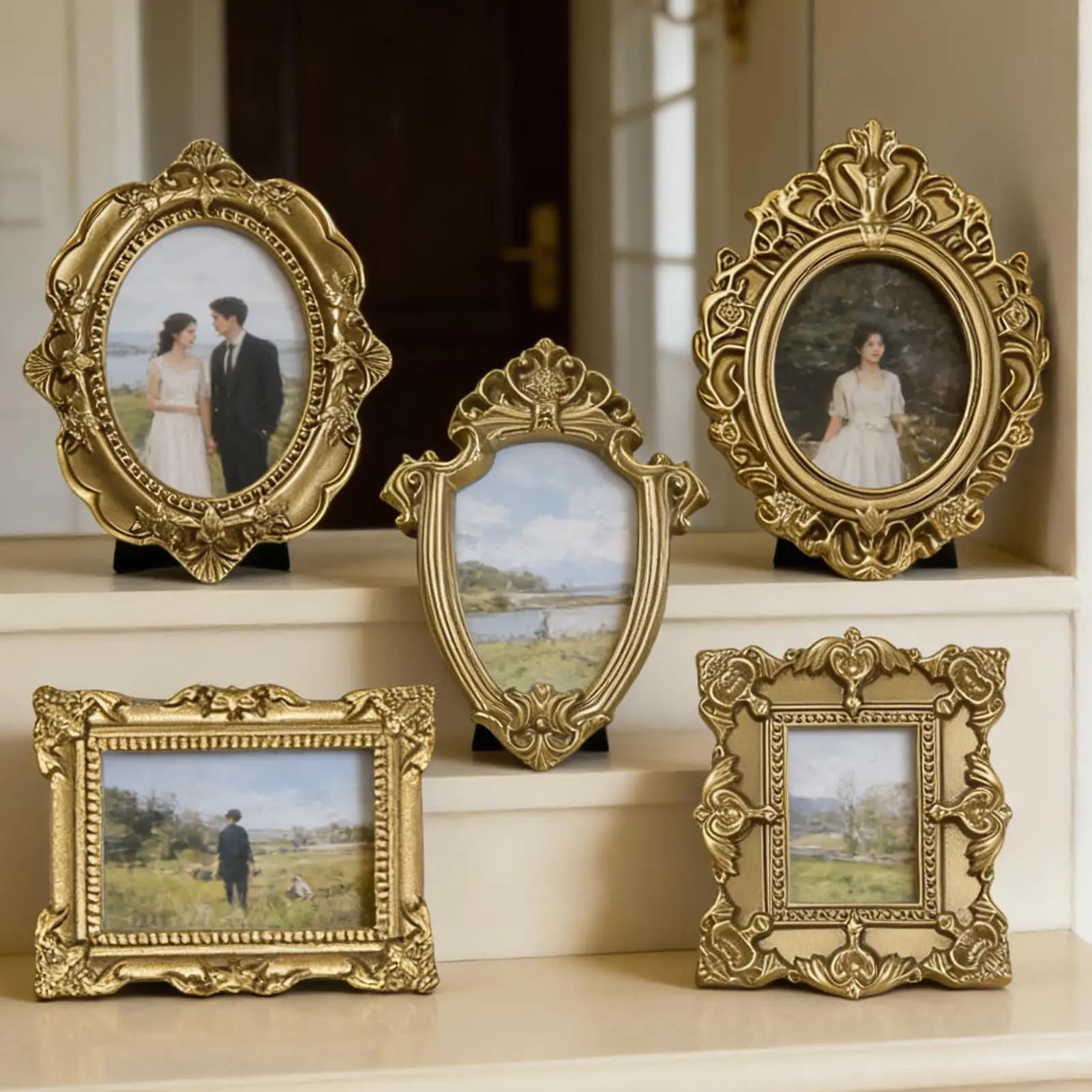 Set of 5 mini frames for antique-style photos with lace, jewelry frames, table frames for wall or table photo decorations