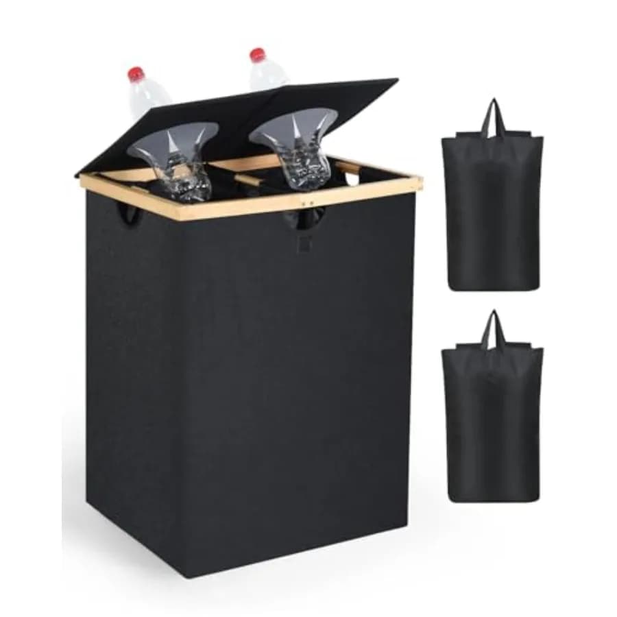 Bidone per Riciclaggio da 140L per Cucina, 2 Scomparti, Grande Contenitore Domestico con Coperchio e 2 Sacchi Interni Rimovibili e Riutilizzabili per Bottiglie