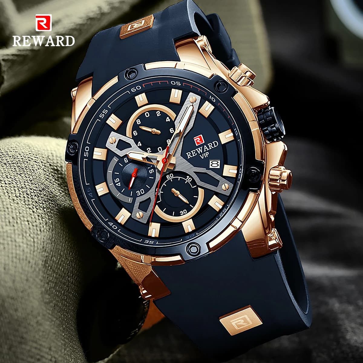 RICOMPENSA Orologio sportivo da uomo al quarzo di lusso Orologio da polso da uomo Cronografo Cinturino in silicone Lancette luminose impermeabili Data Orologi da uomo