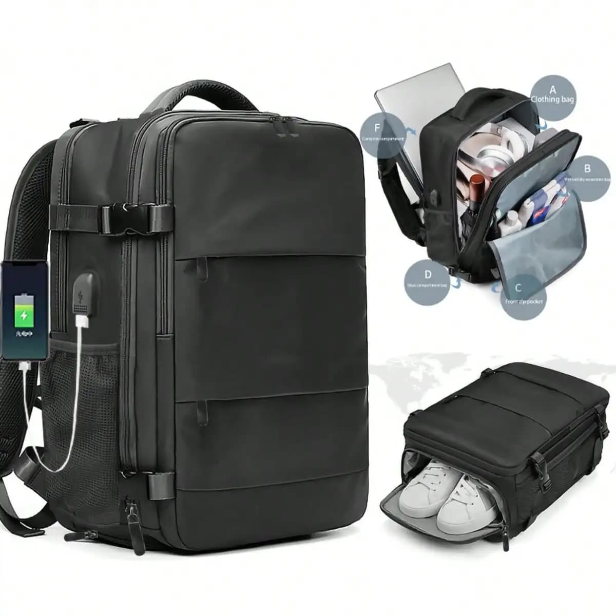 45L Expandable Travel Backpack with Shoe Compartment, Carry On Flight Approved Laptop Backpack with USB Charging Port, Waterproof Business Daypack for Men Women, Black