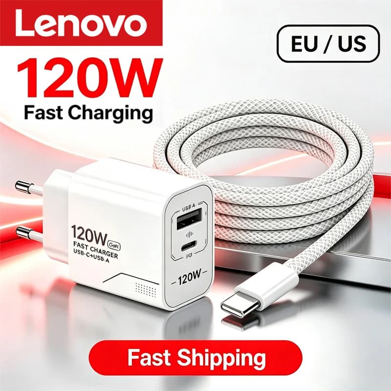 Lenovo 120W 2-Port GaN Type C Charger USB-C Fast Charging Wall Adapter US/EU Plug Phone Charger For iPhone Samsung Xiaomi