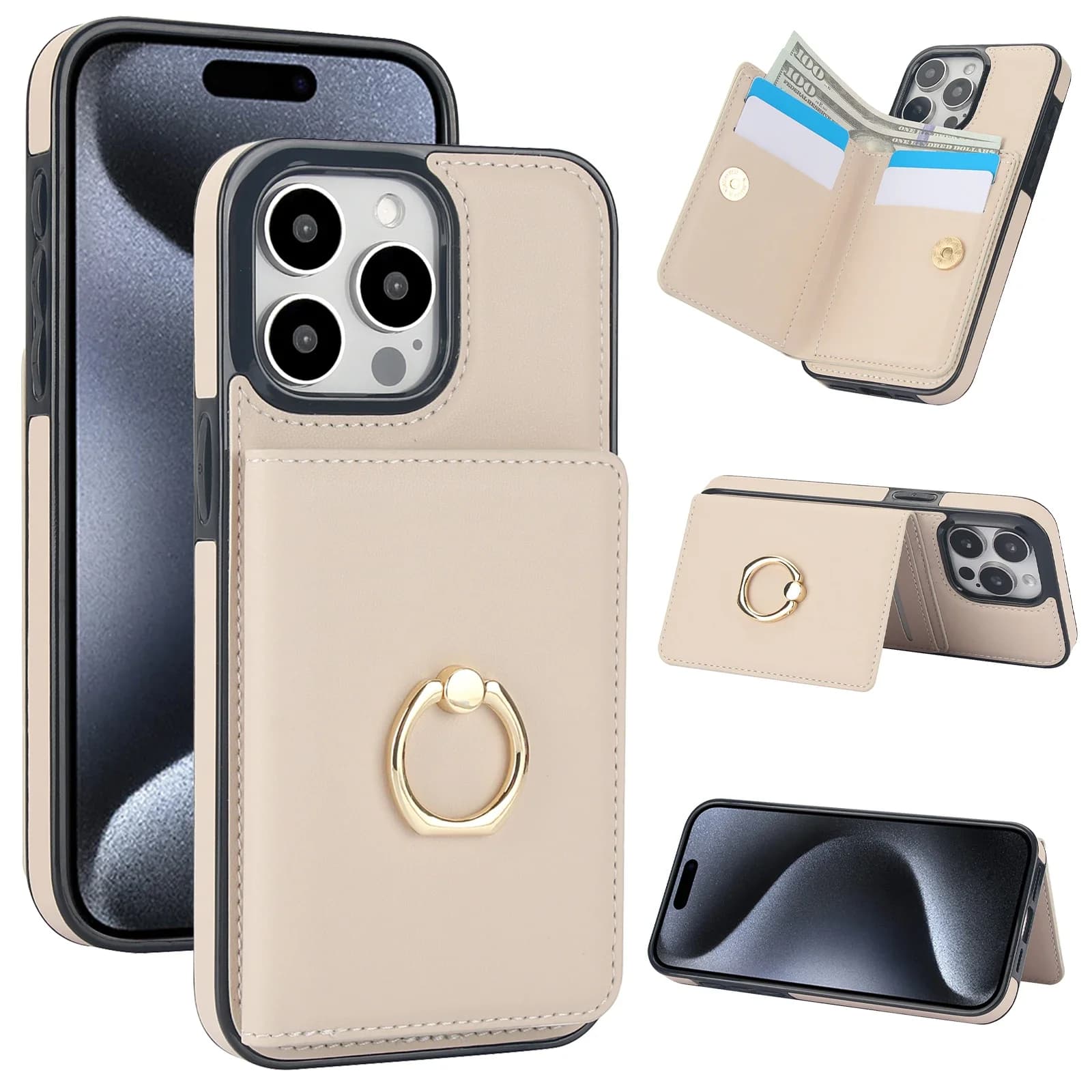 Porta carte Anello Solt Portafoglio Custodia in pelle per iPhone 15 Pro Max 14 Plus 13 12 11 XR XS 7 8 SE 2022 RFID Stand Bag Tasca Cover
