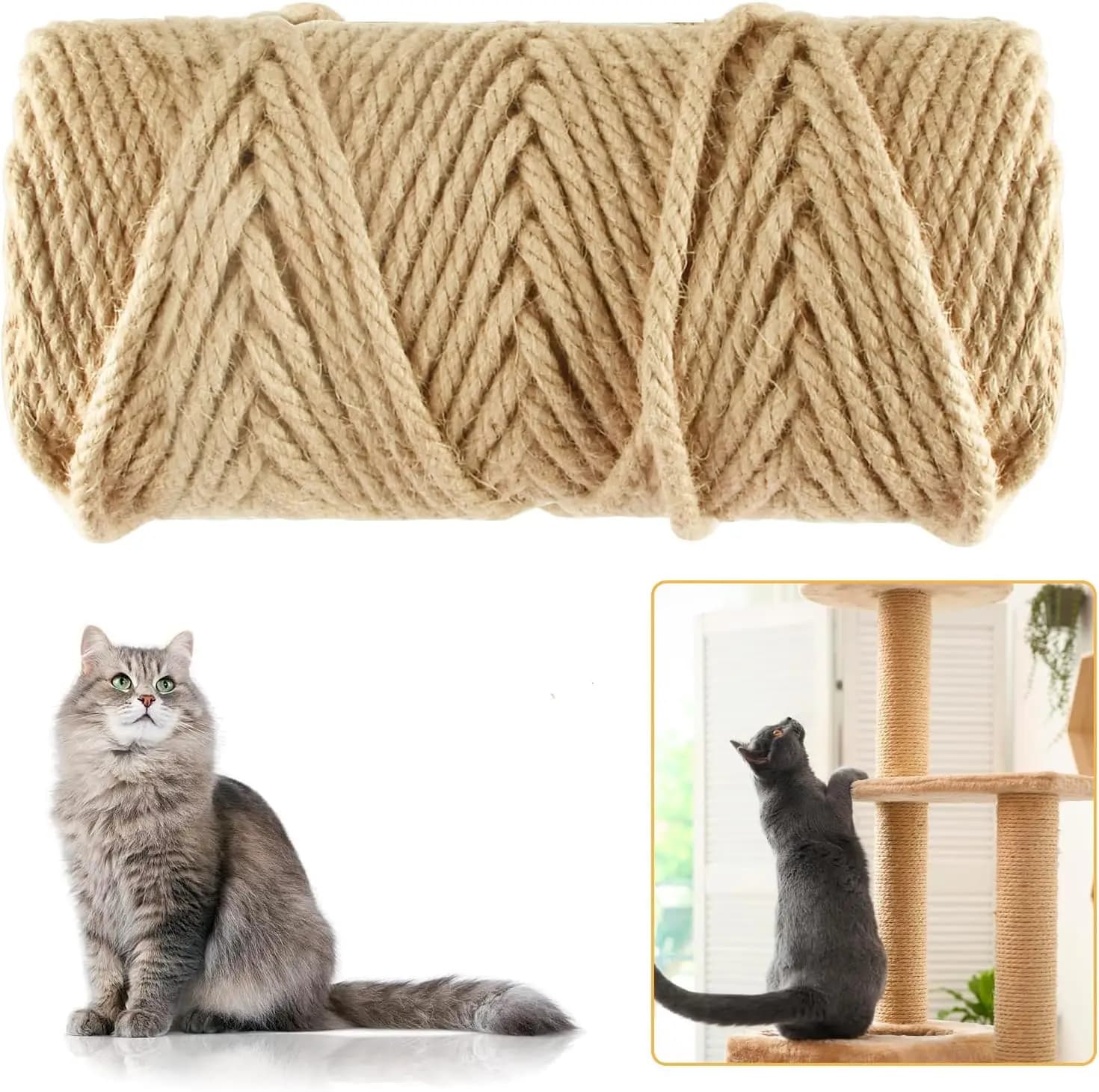 Corda di Sisal Naturale per Tiragraffi per Gatti, Spessore 6mm, Ricambio per Tiragraffi in Iuta e Canapa, per Progetti Fai-da-Te e Rivestimento Mobili