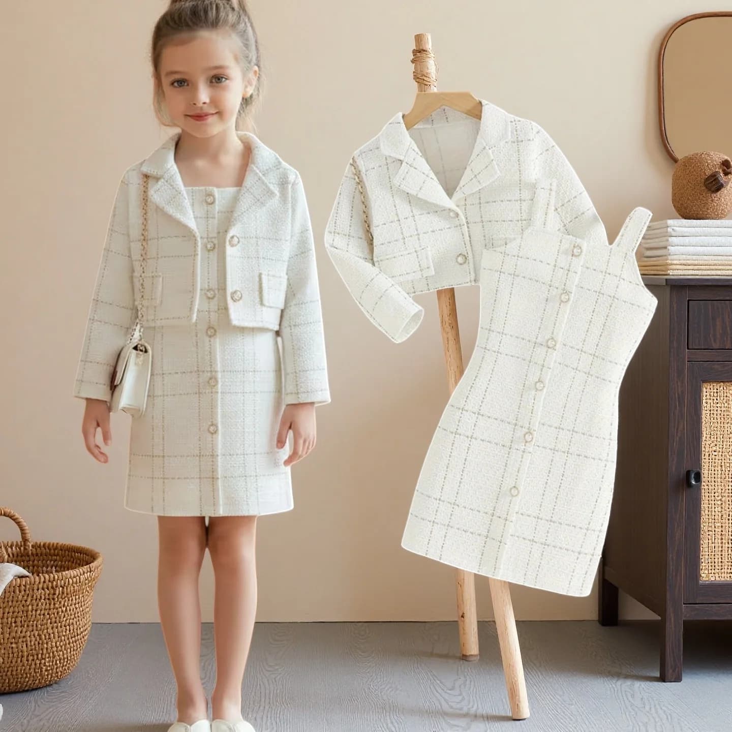 Abiti da ragazza Elegante set in due pezzi Giacca a maniche lunghe scozzese primaverile e autunnale + Abito senza maniche per abbigliamento da donna per ragazze