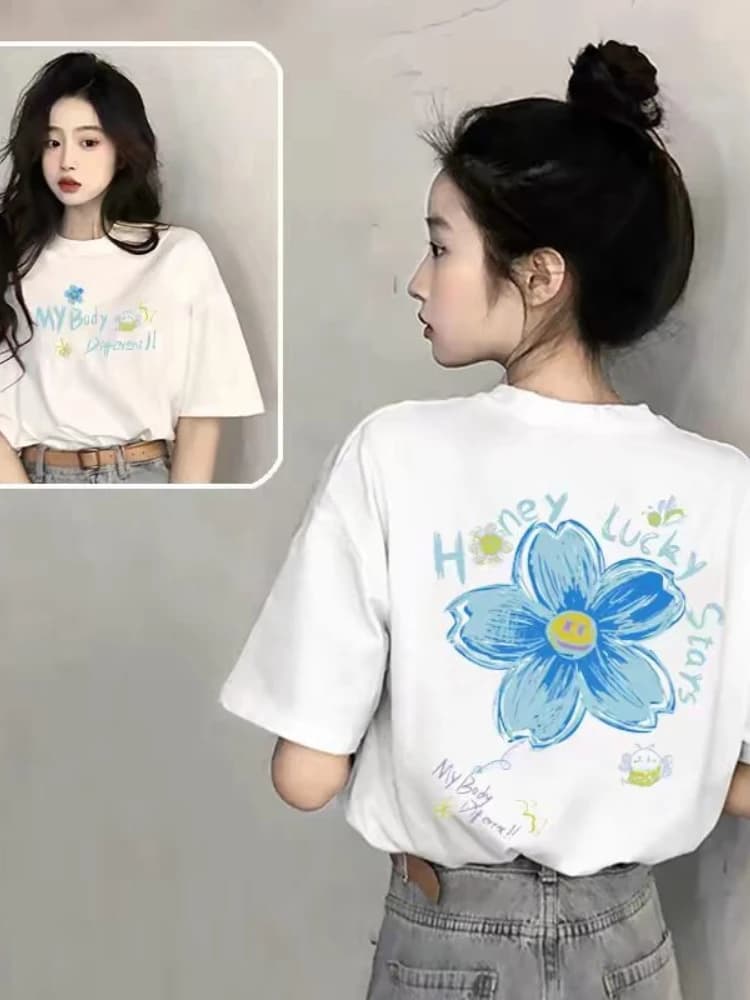 T-shirt oversize a maniche corte con grafica Honey Lucky Star Flower da donna