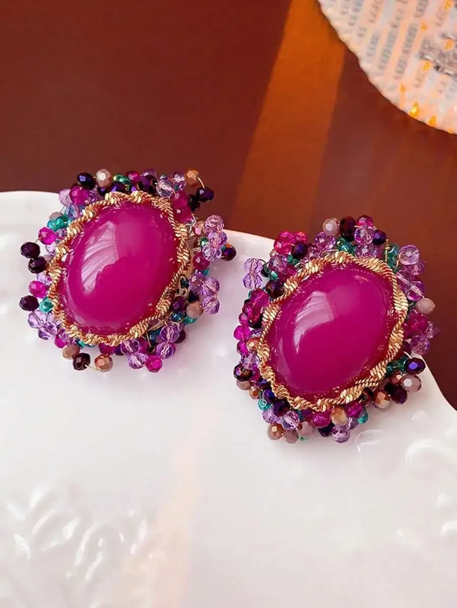 Oval Hot Pink Faux Crystal Beaded Earrings For Women Retro Fashion Statement Jewelry