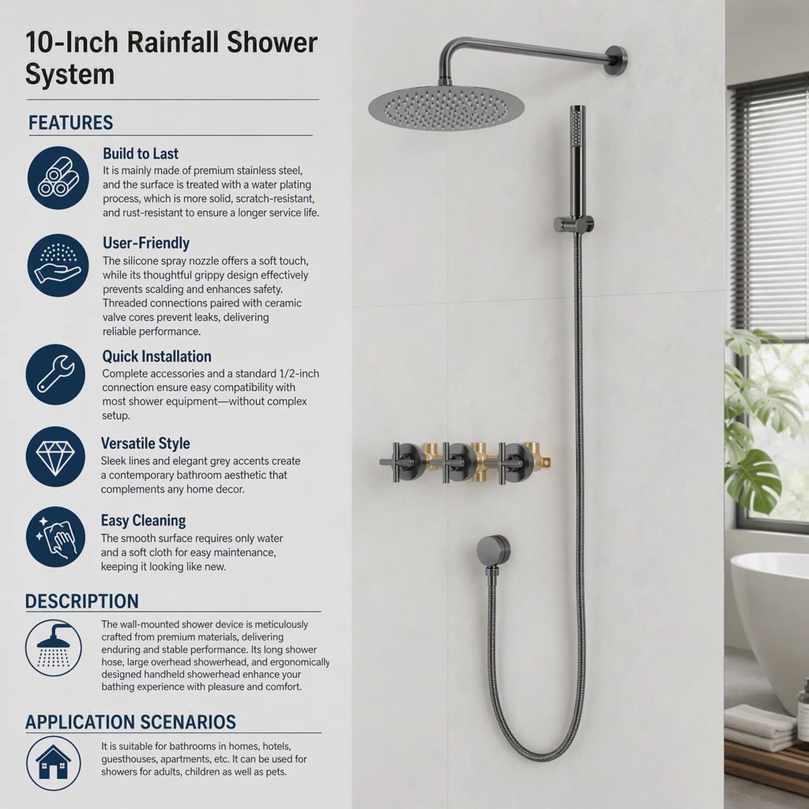 Modern Wall Mounted Shower Set 10-Inch Rain Shower Head with Handheld Spray, Stainless Steel Bathroom Shower Kit with 4.92ft Hose & Ceramic Valve Core, Grey