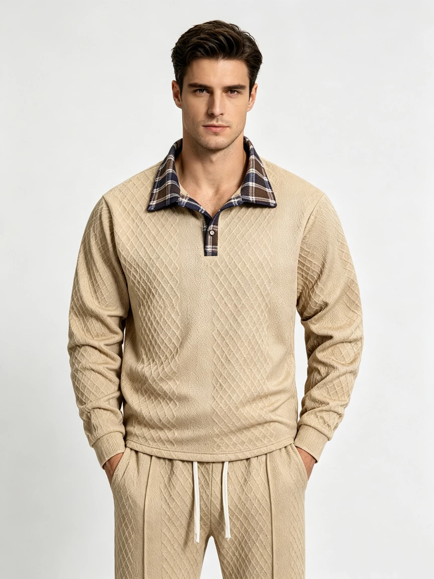 Plaid Collar Knit Tracksuit Men Long Sleeve Button Neck Drawstring Pants Loose Fit Casual Sportswear Set Autumn Winter Daily