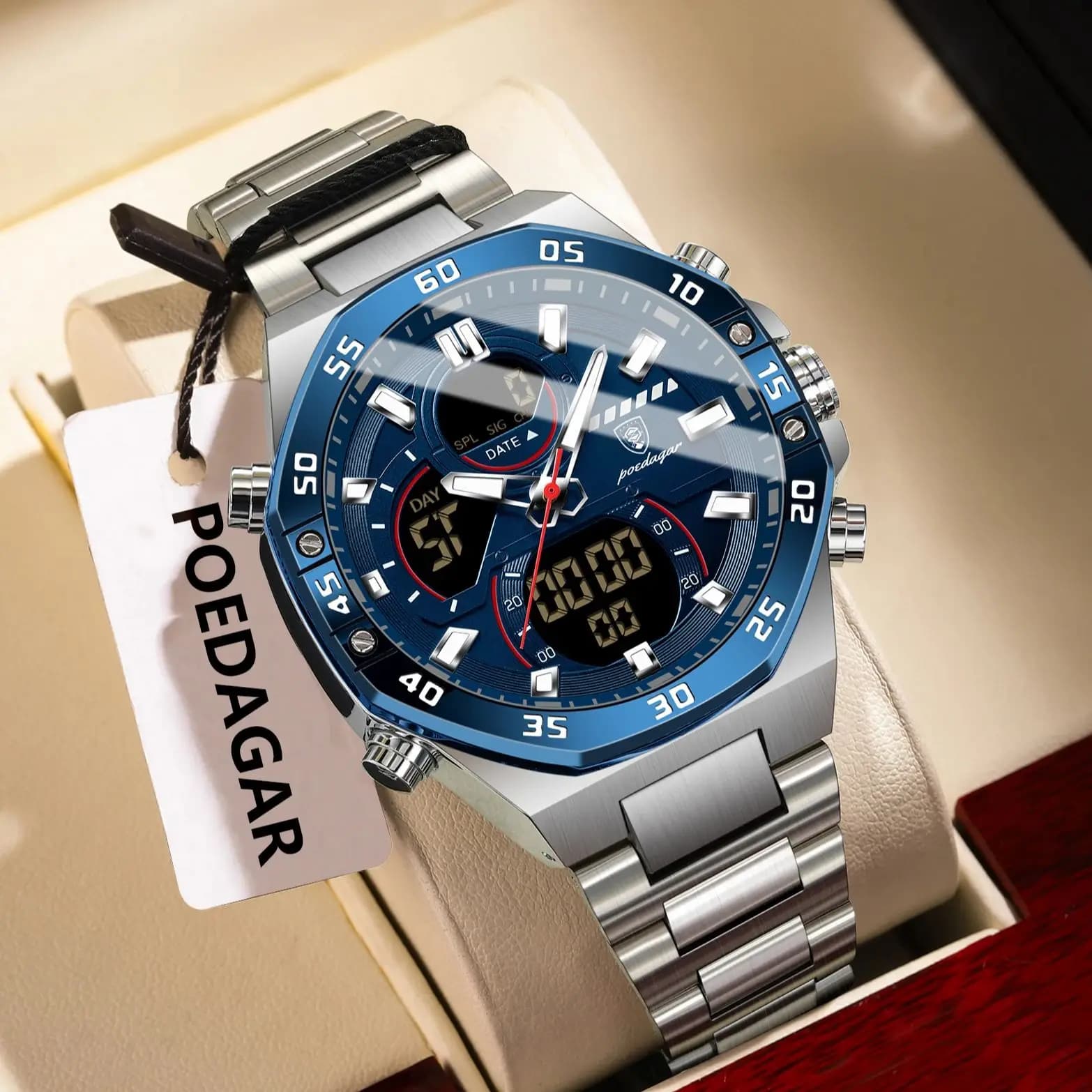 POEDAGAR Top Orologio da uomo LED luminoso impermeabile settimana data allarme orologio da uomo orologi da uomo elettronici di moda al quarzo in acciaio inossidabile