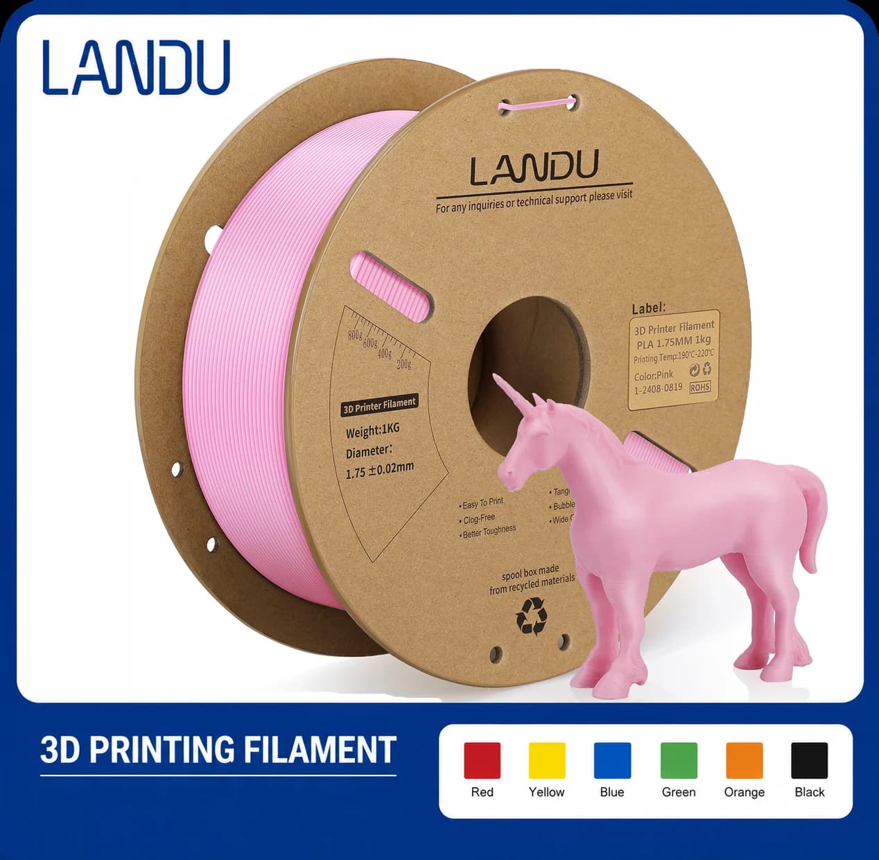 LANDU 3D Printer Standard PLA Filament In 1.75mm +/- 0.03mm Diameter 1kg Spool Vacuum Packaging Fit Most FDM 3D Print