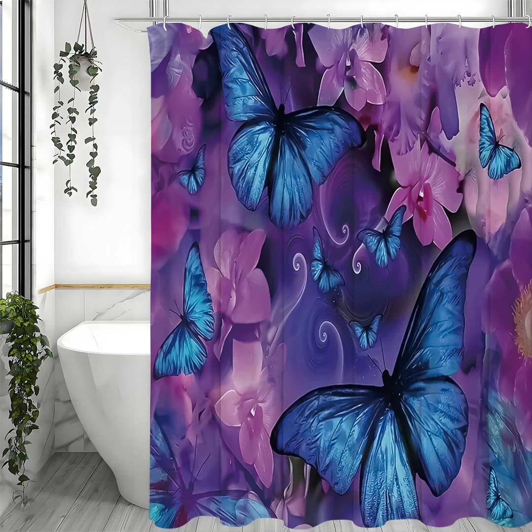 Tenda da doccia floreale blu e viola con farfalla, tenda da doccia decorativa per il bagno, tenda da doccia impermeabile con ganci