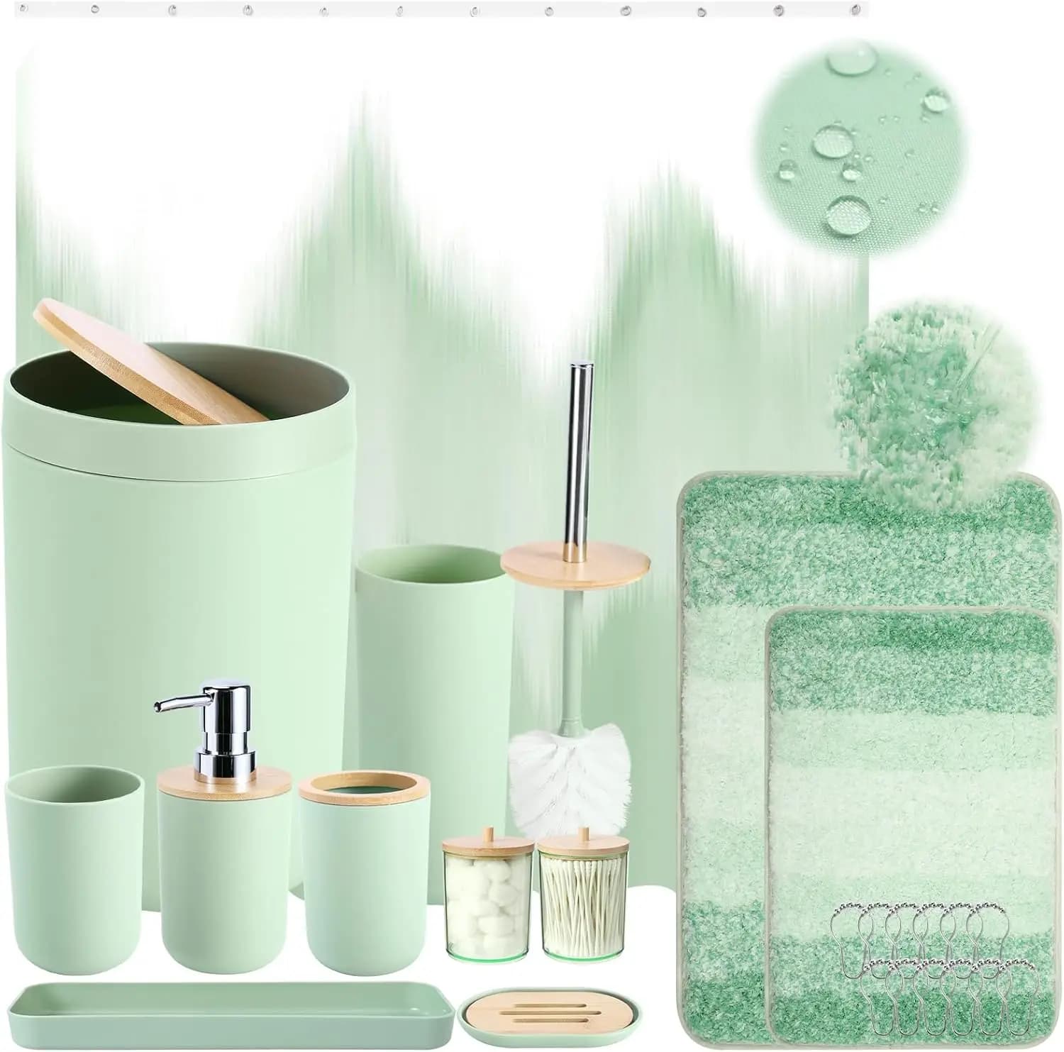 Set tenda da doccia impermeabile verde Ombre con tappeto ultra assorbente, accessori da bagno completi per la decorazione domestica