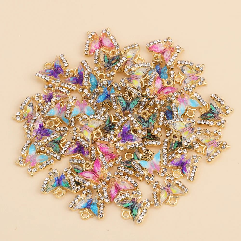 10Pcs RhinestoneColourful Crystal Butterfly Pendant for Jewelry Making Supplies DIY Cute Necklace Earrings Charms Accessories